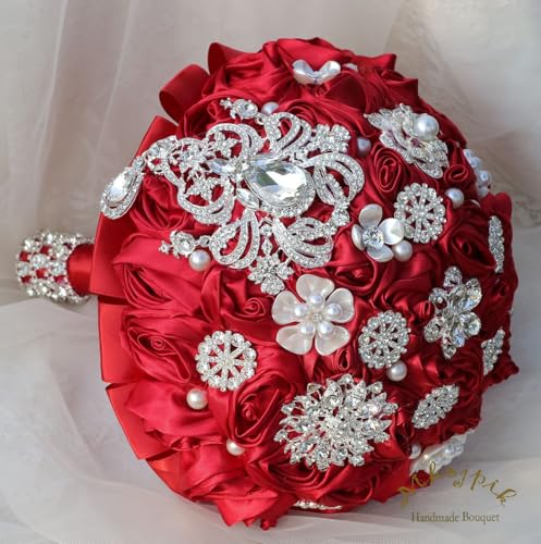 Bridal Wedding Bouquet Round Bling Brooch Bouquet Artificial Rose Flower Bunch for Bride Bridesmaid Wedding Quinceanera(Ruby Red, 8.7") - color: Ruby Red*, size: Medium (Dia. 8.7"/22cm)