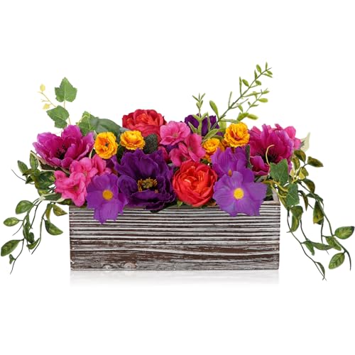 DILATATA Flower Arrangement with Wooden Vase 10" Artificial Flowers in Pot - Fake Flowers in White Rectangular Wooden Vase Potted Faux Flower Centerpieces for Table Decor Living Room - Purple - color: 11"l Purple