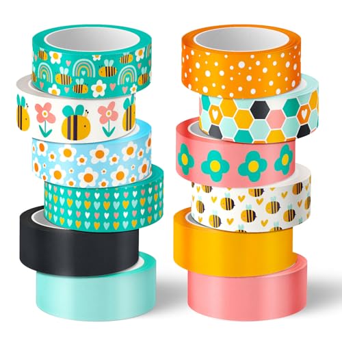 FYSUIMU 12 Rolls Boho Bee Washi Tape Back to School Honeycomb Heart Rainbow Flower Decorative Masking Tapes Set Cute Colorful Wrapping Paper Tape for Scrapbook Journal DIY Art Crafts - style: Bee