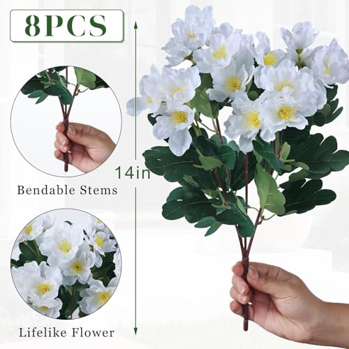 Juxdp 8 Bundles Artificial Camellia, Fake Silk Bouquet Flowers(White) | Full＆Vibrant, Fade-resistant, UV-resistant＆Waterproof, for Front Door/Garden/Farmhouse/Outdoor/Home/Spring/Summer Decor - color: White
