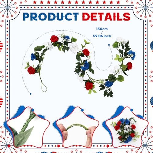 5 ft Red White Blue Flower Garland with Lights for Mantel Patriotic 250th Anniversary 4th of July Garland Decoration Memorial Independence Day Flexible Floral Decor for Door Stair Table - color: Red, White, Blue, style: Patriotic Flower