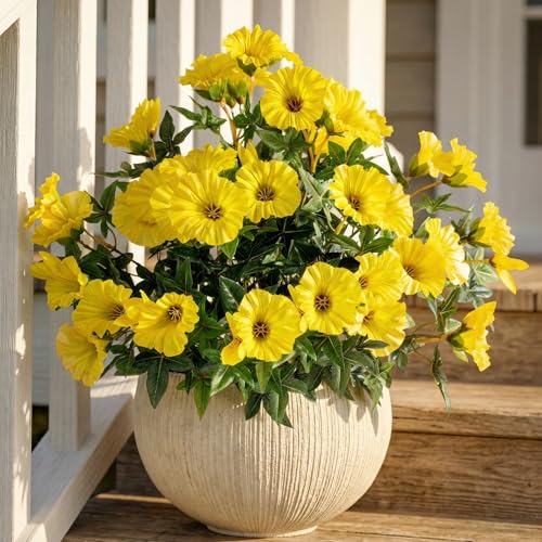 Yellow Artificial Morning Glory Flowers for Outdoor Planters, Premium UV Resistant Silk Faux Flowers for Porch, Hanging Basket & Window Box, Spring Garden Decor, No Pot, 13.3 Inch, 4 Bundles - color: Yellow 4pcs