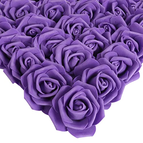 IPOPU Artificial Roses Flowers Heads, 100Pcs Stemless Foam Roses Heads Bulk 3in Fake Flowers for Crafts, Wall Decorations, DIY Wedding Bouquets, Bridal Shower, Party Home Decoration(Dark Purple) - color: Dark Purple