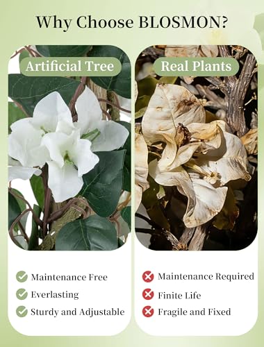 BLOSMON Bougainvillea Artificial Flower Tree: 5ft White Fake Flower Plant for Front Porch Decor - Faux Silk Floral Trees with Pot for Outdoor Garden Patio Indoor Home Office Floor Decoration - color: White Bougainvillea