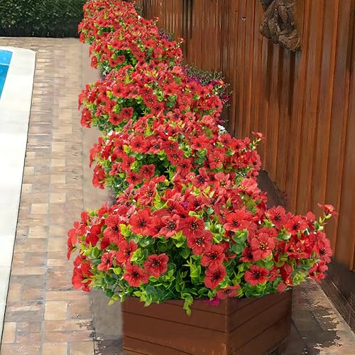 Artificial Flowers for Outdoor Indoor Garden Home Decoration, Faux Flower Daisy with Eucalyptus Leaves Fake Plants Greenery Boxwood Porch Patio, 12 Bundles - color: Red