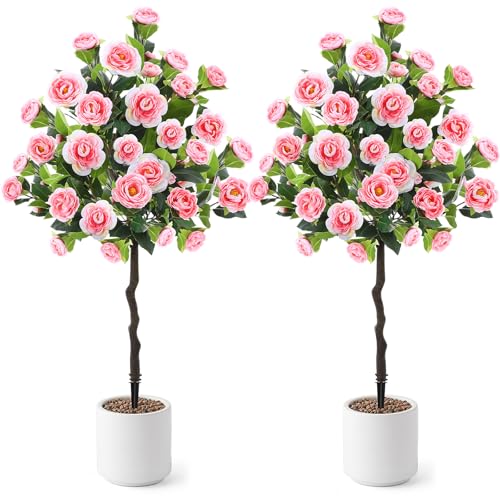Lunmon 2 Pack 4ft Artificial Camellia Plants Tree without Vase 48" Faux Camellia Flower with Spike UV Resistant Realistic Fake Floral Blooming for Indoor Outdoor Front Door Porch Backyard Garden, Pink - color: Pink, size: 4 ft