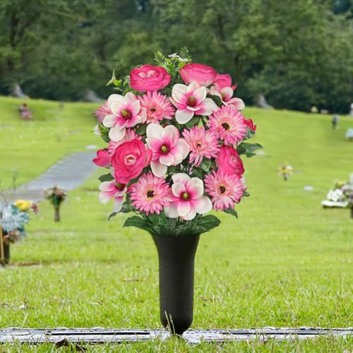 Briful Artificial Flowers for Cemetery, Cemetery Flowers for Grave, Weather Resistant Cemetery Flowers for Vase, Large Sympathy Grave Floral Arrangement with Chrysanthemums Lily Silk Flower - color: Hotpink, size: 25.9 in. Cemetery Flowers Bouquet