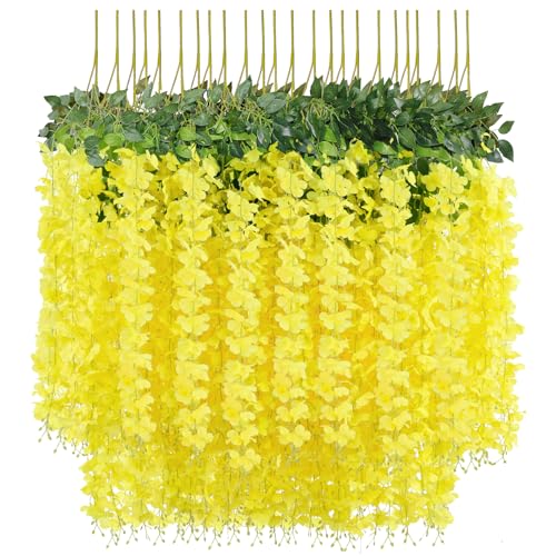 U'Artlines 24 Pack (Total 86.4 Feet) Artificial Fake Wisteria Vine Rattan Hanging Garland Silk Flowers String Home Party Wedding Decor (24,Yellow) - color: Yellow