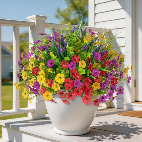 Artificial Flowers for Outdoors, 14 Bundles UV Resistant Fake Silk Flowers with Greenery Grass Lavendar Faux Plants Planter for Summer Decoration Porch Patio Yard Home Decor - color: Mixd Colors With Lavender Greenery Grass