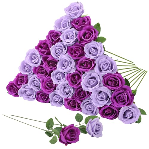 36 Pcs Lilac, Purple Artificial Roses with Long Stems, Fake Silk Rose Artificial Flowers Bulk for Bridal Wedding Bouquet Centerpiece Ball Arrangement Party Decor - color: Lilac, Purple