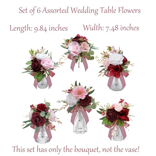 Marriwise Set of 6 Burgundy Red Assorted Wedding Flower Centerpieces Pre-Made Mini Bridesmaid Bouquets Artificial Floral Rose Table Decor for Wedding Decorations Shower Home Decor (Burgundy Red) - color: Burgundy Red