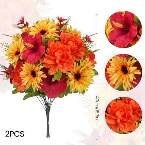Cemetery Flowers for Grave Artificial Flowers for Cemetery 2 Bundles Faux Sunflowers Bouquet Orange Silk Floral Arrangements for Headstones Gravesite Vase Outdoor Porch Table Centerpieces Decor