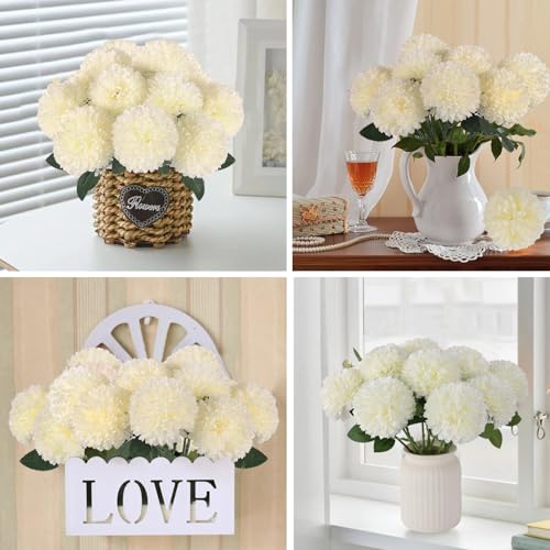 Hananona 12 Pcs Artificial Chrysanthemums Flowers Ball Flower, Fake Mums Flowers White Silk Flowers for Spring Home Decor Indoor Floral Arrangement Table Centerpiece (12, White) - color: White