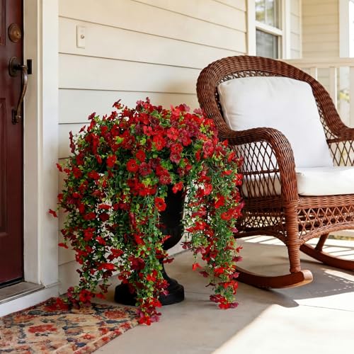 Suncalla 4 Pcs 30In Artificial Hanging Flowers for Outdoor Planter 156 Branches Trailing Faux Potted Plant Fake Floral UV & Fading Resistant for Wedding Patio Spring Summer Decor(Red,Reddish Brown) - color: Red,reddish Brown
