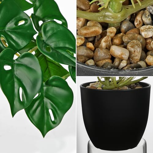 DILATATA Fake Plants Indoor 9 Inch Artificial Monstera Plant in Black Plastic Pot - Faux Potted Tropical Palm Plant for Home Aesthetic Decor Living Room Shelf Office - color: Monstera #Plastic#style 2