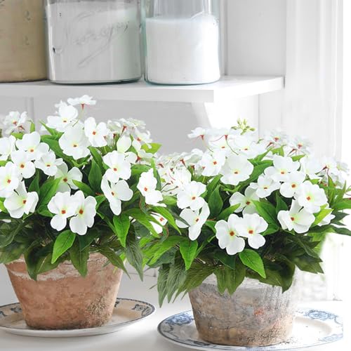 CITYES 4 Pcs Artificial Flowers Outdoor Impatiens UV Resistant Silk Impatiens Flowers White Faux Flowers Impatiens Bushes Artificial Impatiens for Pot Patio Lawn Garden Hanging Basket Porch Decor - color: White