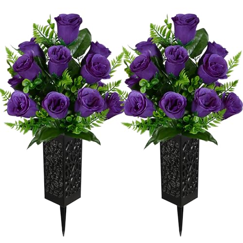 Artificial Cemetery Flowers, Grave Memorial Flowers, Set of 2 Artificial Rose Bouquet with Vase for Cemetery Headstones Gravesites Decoration (Purple) - color: Purple