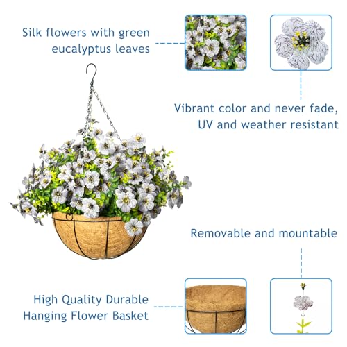 Artificial Hanging Flowers for Outdoors with Basket,UV Resistant Realistic Faux Hanging Plants Outdoor Artificial Flowers for Outdoors Basket for Yard Porch Patio Garden Home Decor,12 Bundles(White) - color: White