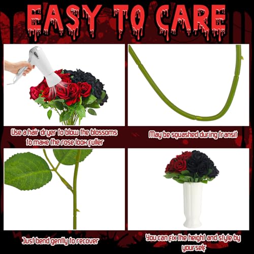 36 Pcs Silk Black Red Rose Bouquet Bridal Artificial Flowers,Fake Rose Long Stem Realistic Artificial Flowers Bulk for Wedding Bouquet Ball Arrangement Centerpiece Party Decor - color: Black, Red