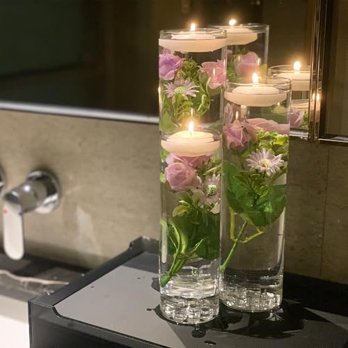 Purple Rose Floating Flowers for Table Centerpieces Glass Cylinder Vases Fillers Set with Floating Candles and Fake Ice Cubes for Wedding Party Home Pool Bar Restaurant Festival Decoration - color: Light Purple