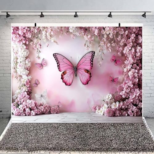 5x3ft Flower Butterfly Wall Backdrop Pink Floral Princess Girl Birthday Party Photography Background Photo Backdrop Art Wedding Banner Photo Studio Props - color: Pink02, size: 5X3FT