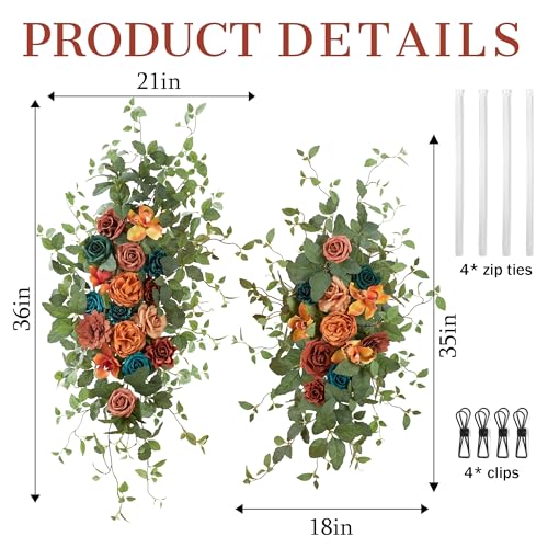 Ting's time Wedding Arch Flower Pack of 2 Artificial Silk Large Flower Swag Wedding Arches for Ceremony Reception Backdrop Floral Decor for Fall Wedding Party Ceremony（Teal& Orange） - color: Teal& Orange