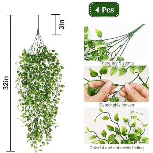 Waipfaru 4Pcs Artificial Hanging Plants, Fake Vines Boston Ivy Fake Hanging Plants for Outdoors UV Resistant Ivy Artificial Plants Faux Plants Indoor Living Room Boho Wall Porch Shelf Decor - color: Boston Ivy, size: 4Pcs Plants