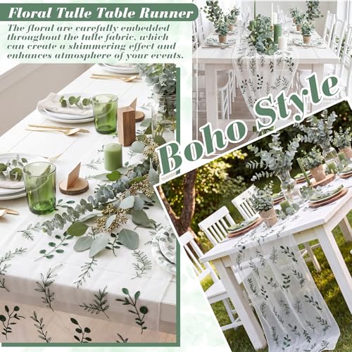 Mindsoft 3 Pcs Eucalyptus Table Runner 10ft Gauze Sage Green Embroidered Leaf Decor Foliage Floral Tulle Lace Table Runner for Wedding Bridal Baby Shower Holiday Dining Decor DIY - style: Green Leaves