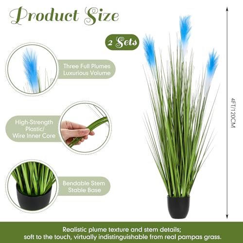 Jexine 2 Pcs 4 ft Artificial Tall Grass Plants for Outdoor Faux Tall Grasses Plant with Reed Flowers Potted Fake Greenery Plants for Housewarming Gift House Garden Lobby Outdoor Decoration (Blue) - color: Blue