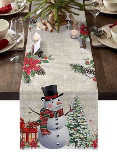 Christmas Snowman Poinsettia Table Runner-Cotton Linen-72 Inch Holiday Dresser Scarves, Floral Eucalyptus Swirls Snowflake Tablerunner for Kitchen Coffee/Dining Bedroom Living Room Dinner Scarf Décor - color: Christmas, size: 13x72 Inch