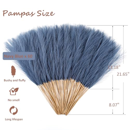 60Pcs Navy Blue Faux Pampas Grass Decor, 21.7" Pompas Grass Flower Arrangement and Vase Filler for Boho Home Wedding Decoration - size: 21.7'' Tall Navy Blue