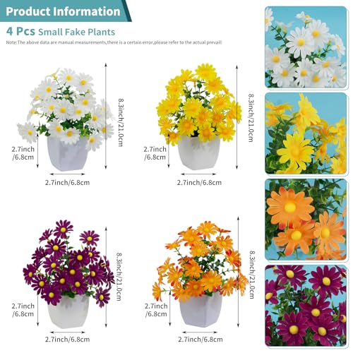 LOYWREE 4 Pack Small Artificial Mums Flowers in White Pots, Fake Mini Potted Plants, Spring Floral Decor for Home Bathroom Shelves Office Desk Table Centerpiece Indoor Decoration - color: Mums-white Pot, size: White Pot