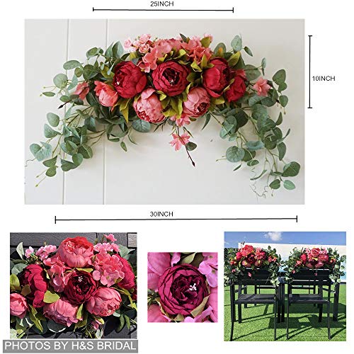 Wedding Arch Flowers, 30 Inch Rustic Artificial Floral Swag for Lintel, Green Leaves Rose Peony Sunflowers Door Wreath Home Decoration - color: Rose Red