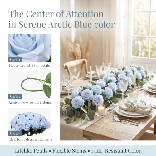 52pcs Light Blue Roses Artificial Flowers Fake Flowers Silk Roses with Stems for DIY Wedding Bouquets Bridal Shower Centerpieces Arrangements Party Decorations - color: Light Blue