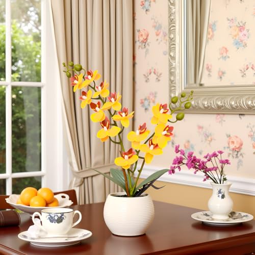Artificial Orchid Yellow Flower Potted in White Pot, Real Touch Faux Phalaenopsis Orchid for Wedding Home Office Party Decor - color: Yellow