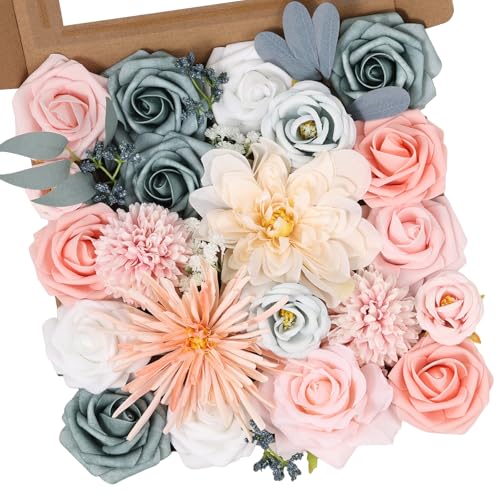 Artificial Flowers Combo Box Dusty Blue Pink Artificial Flowers for DIY Tables Centerpieces Baby Shower Bridal Shower Wedding Bouquet Party Decor - color: Pastel Daisy