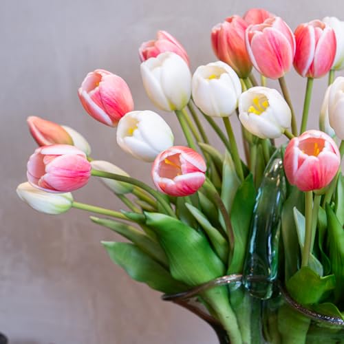 Artificial Tulips Flowers,Soft Touch Latex Bouquet, Fake Tulips,Spring Wedding Home Room Table Centerpiece Decor - color: 40pcs White Set(no Vase)