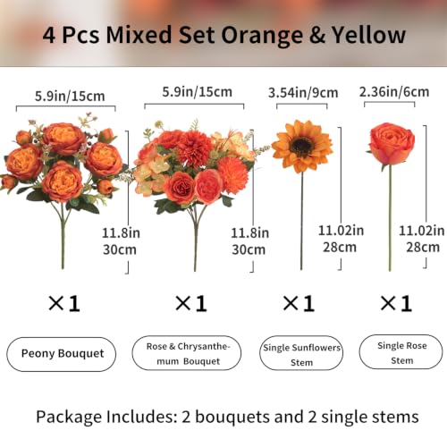 4 Pcs Mixed Autumn Artificial Peony Flower Set-2 Bouquets & 2 Stems, Orange Yellow Fake Peony Sunflower Rose Silk Flower for Fall Table Centerpiece Farm Wedding Thanksgiving Halloween Home Decor - color: Orange & Yellow, size: Mixed 4pcs