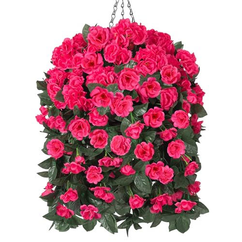 Artificial Geraniums Faux Hanging Plants Flowers Basket for Outdoors, Fake Silk Geraniums Vines in Planter UV Resistant Look Real Spring Summer Outdoor Decorations for Outside Yard Patio, Hotpink - color: Hotpink