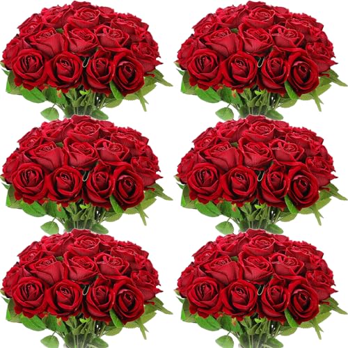 Jexine 50 Pcs Artificial Rose Flower Bulk Realistic Silk Fake Roses with Long Stem Plastic Artificial Flower Bouquet Real Looking for Home Wedding Centerpieces Party Decoration(Burgundy) - color: Burgundy