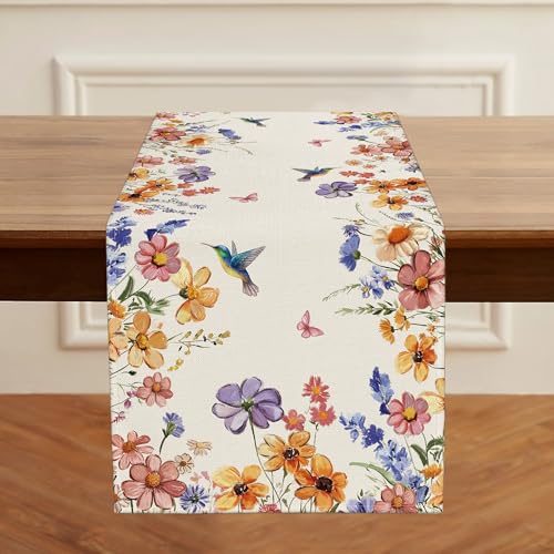 Spring Wildflowers Floral Table Runner Farmhouse Burlap Butterfly Seasonal Outdoor Summer Home Dining Centerpiece for Home Decor 13x72 Inch - color: Wildflowers, size: 13x72inch