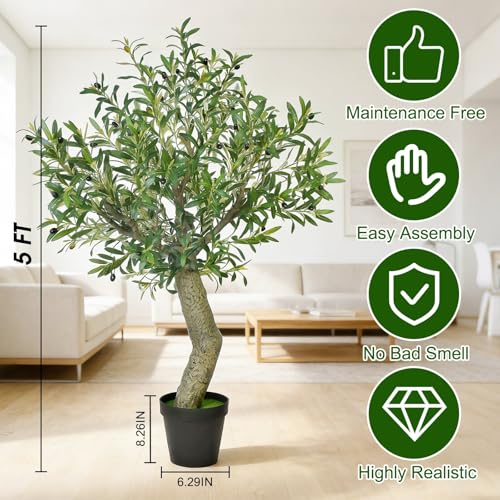 Timoo Fake Olive Tree Artificial, 5 Ft Faux Tree Indoor, Tall Fake Plants for Living Room, Bedroom and Office Decor - color: Color 2