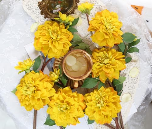 6pcs Large Artificial Dahlia Flowers Yellow Faux Dahlia Silk Flowers with Long Stem for Wedding Bouquets Anniversary Party Floral Arrangements Home Tables Decoration（Yellow - color: Yellow