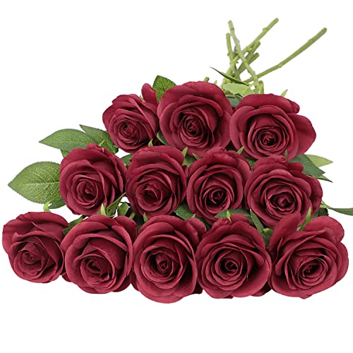JUSMAI 12pcs Roses Artificial Flowers Fake Flowers with Long Stems Burgundy Silk Flowers for Wedding Bouquet Centerpices Decorations Party Bridal Baby Shower Home Decor - color: Burgundy, size: 12PCS