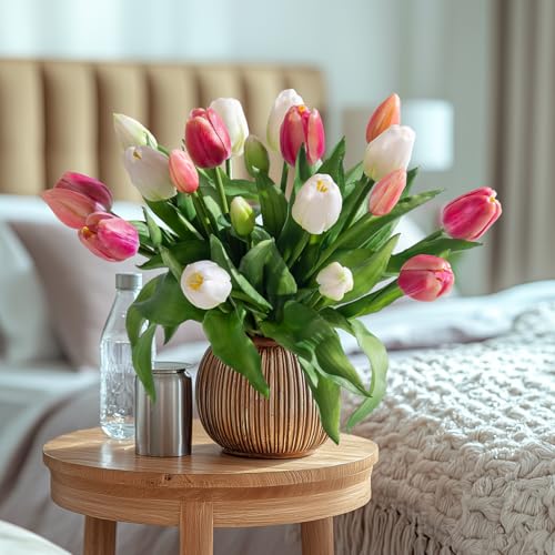 Bailikang 20PCS Fake Tulips Artificial Tulip Silk Flowers Fake PU Bouquet Artificial Flowers Faux Flowers with Gift Box Soft Faux Tulips Bouquets Arrangements for Party Wedding Home - color: White+light Red