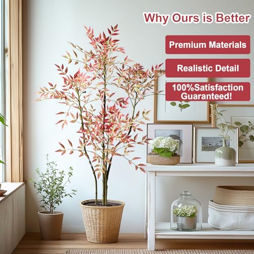 4.6ft Faux Bamboo Tree Artificial Nandina Tree Artificial Indoor Plants Realistic Fake Potted Tree with 800+ Leaves, Cement Planter - Home Office Decor Perfect for Housewarming Gift No Planter - color: Red, size: 4ft 7in