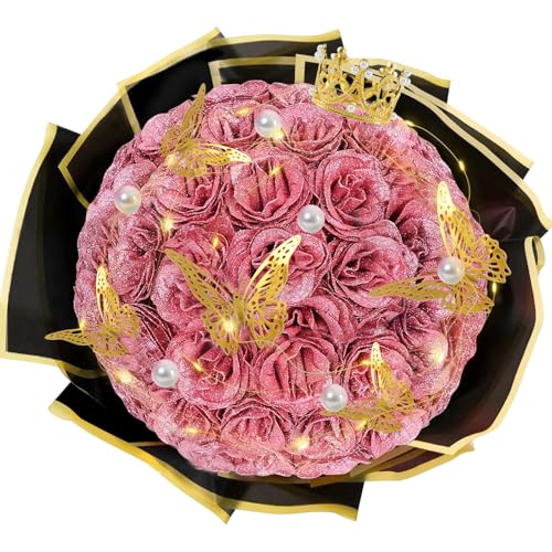 Gold Rose Glitter Roses Bouquet, 36 Pcs Shiny Glitter Flowers Bouquet, Everlasting DIY Artificial Roses Bouquet for Christmas, Birthday, Anniversary, Wedding, Engagement - color: Gold Rose-a, size: 36 PCS