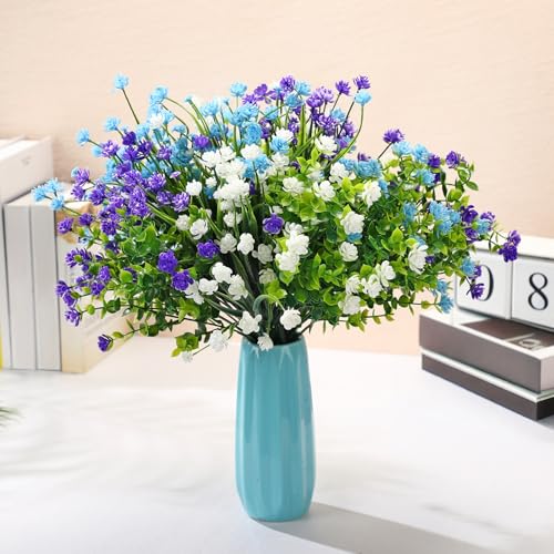 WILLBOND 12 Bundles Artificial Flowers Outdoor, UV Resistant Faux Artificial Plants Shrubs Plastic Flower Bulk for Hanging Planter Porch Window Home Spring Summer Decor(Blue, Purple, White) - color: Blue, Purple, White