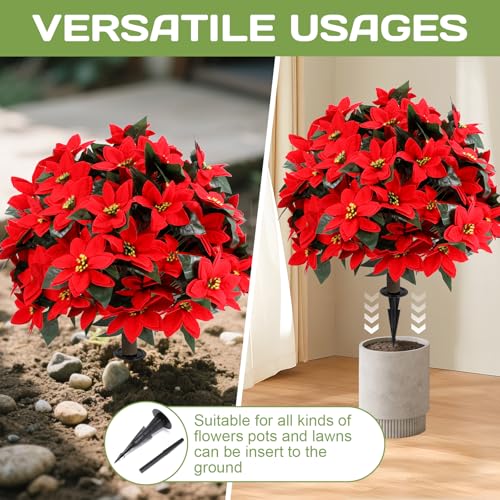 Artificial Poinsettia Topiary Ball Tree 27" with Ground Spike, Set of 2 Artificial Boxwood Bushes for Faux Shrubs, Fake Evergreen Faux Plant for Indoor Outdoor Porch Garden- UV Resistant – Fade-Proof - color: Poinsettia