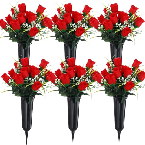 Tigeen 6 Sets Father's Day Cemetery Flowers with Grave Vase 12 Bunches Artificial Rose Memorial Bouquet 84 Heads Fake Silk Flower for Dad Gravesite Graveside Decor(Red) - color: Red